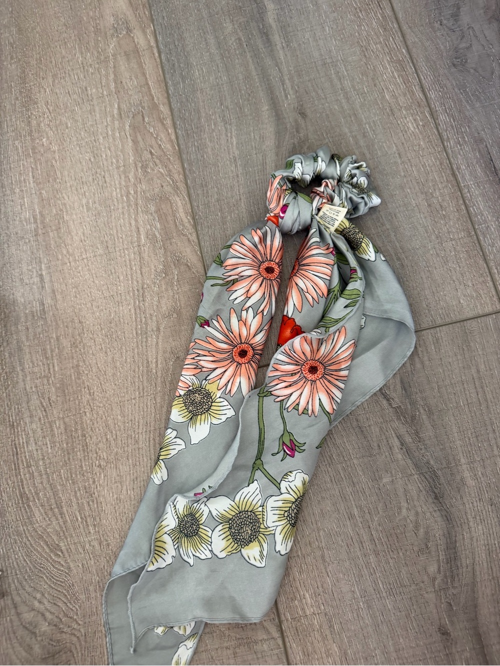 Free People Floral Grey Silk-Look Scarf Scrunchie
